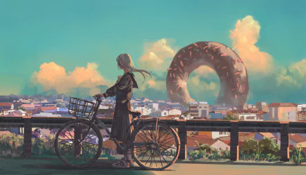Anime-style 4K Ultra HD wallpaper featuring a long-haired, grey-haired figure with a bike overlooking a cityscape, with a giant donut-shaped structure in the background.