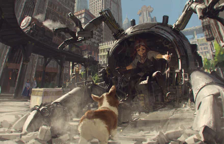 A futuristic sci-fi cityscape features a robot spider mech confronting a person, while a dog stands in the foreground amidst towering high-tech buildings.