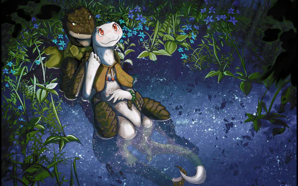 HD PC desktop wallpaper featuring Crusch Lulu and Zaryusu Shasha from the anime Overlord in a mystical forest setting under a starry night sky.