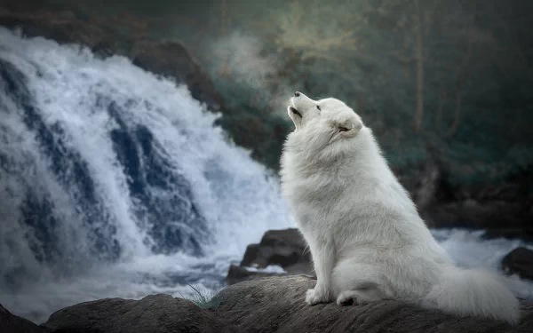 HD PC desktop wallpaper of a white Samoyed dog sitting on rocks beside a flowing waterfall in a misty, forested background.