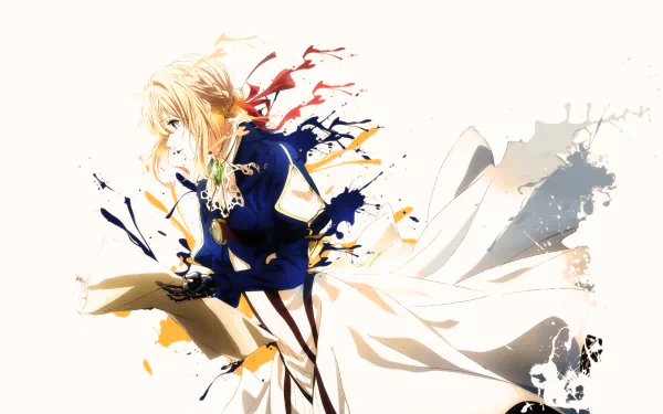 HD wallpaper of Violet Evergarden, an anime character, blending with artistic splashes of colors.