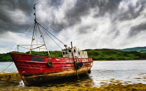 A detailed 4K Ultra HD digital painting of a red boat resting on a shore with a cloudy sky and green hills in the background, designed as a PC desktop wallpaper.