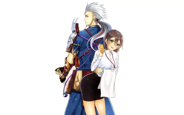 HD anime-style desktop wallpaper featuring an original character with short hair standing back-to-back with a white-haired warrior in detailed attire.