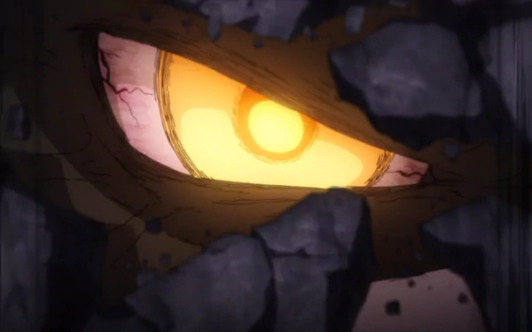Close-up of Momoshiki Ōtsutsuki’s glowing eye breaking through rubble, an intense HD anime wallpaper from Boruto and Naruto series.