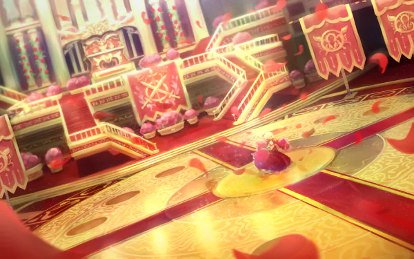 HD PC desktop wallpaper featuring Nero Claudius as Red Saber from the anime Fate/Extra Last Encore, set in a vibrant, ornate throne room with red and gold tones.