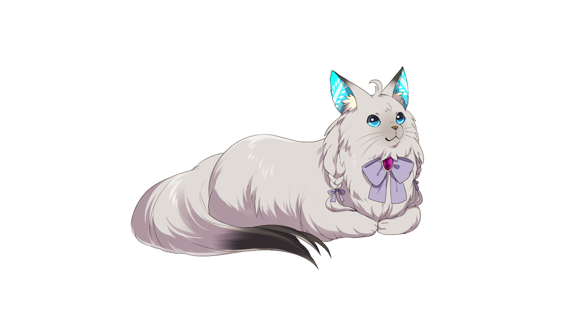 Anime cat, white and long-haired with blue eyes and teal ear accents, wearing a purple bow; rendered in HD PC desktop wallpaper/background.