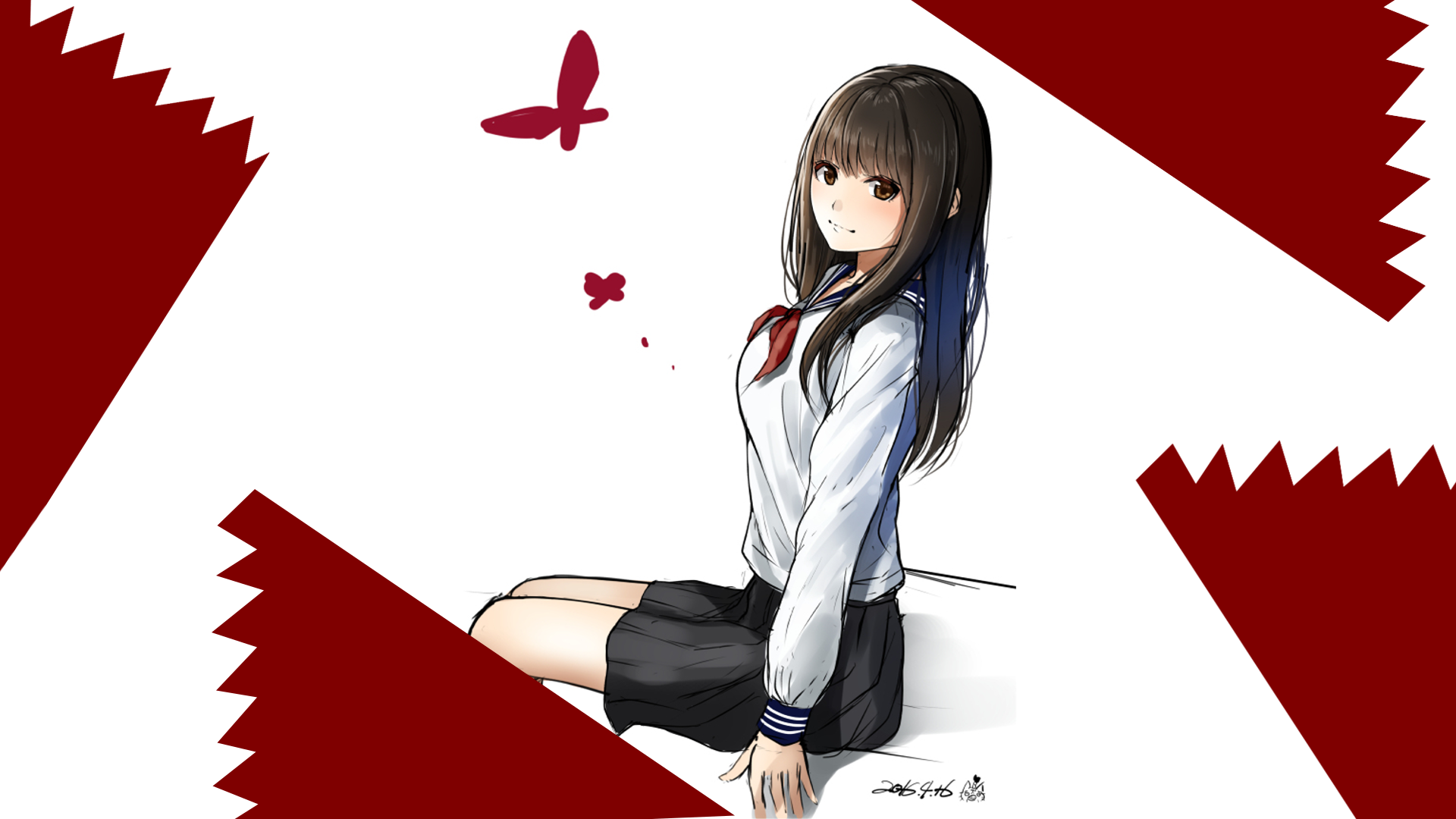 Anime-style HD desktop wallpaper of a smiling girl with long black hair in a school uniform, surrounded by red geometric shapes and butterflies.