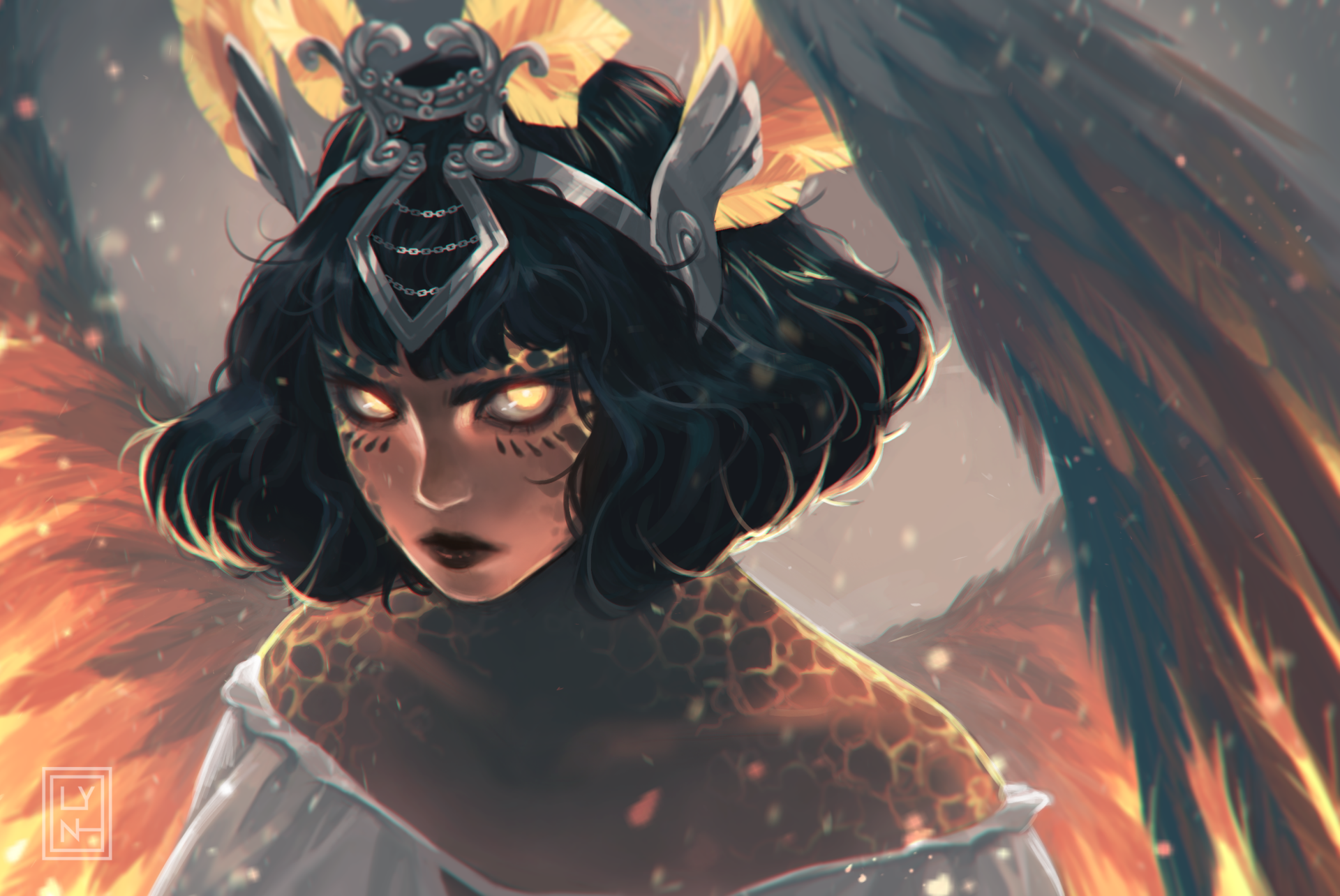 A fantasy angel with black hair and striking yellow eyes, depicted in an HD digital art style, serves as a dramatic PC desktop wallpaper and background.