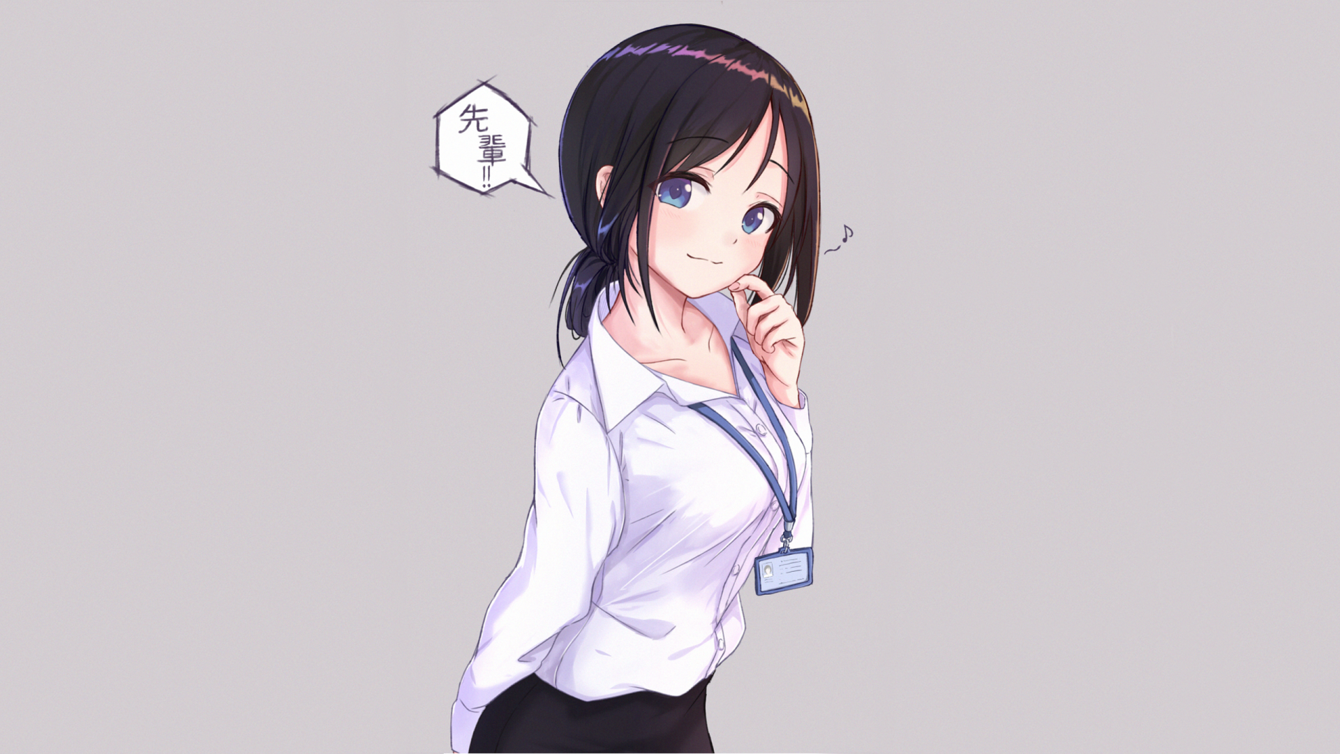 Anime character with blue eyes and black hair, wearing a white shirt and ID badge, on a light gray background. Text in Japanese appears in a speech bubble. HD original wallpaper.