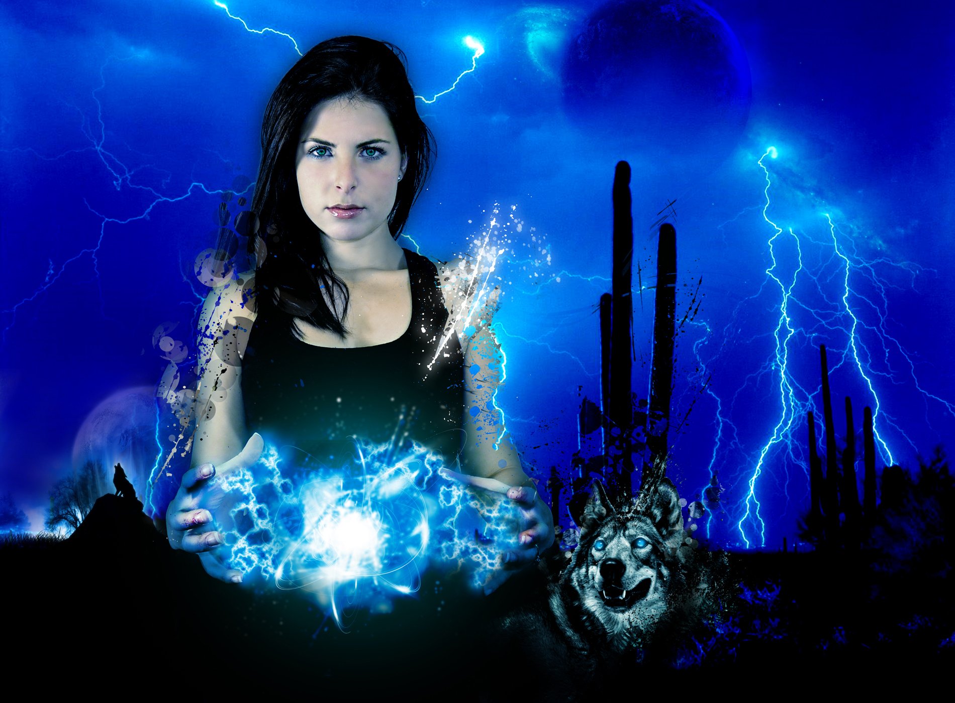 A striking HD desktop wallpaper featuring a woman surrounded by vibrant blue energy and dramatic lightning, enhanced by artistic elements and a wolf silhouette in the background.
