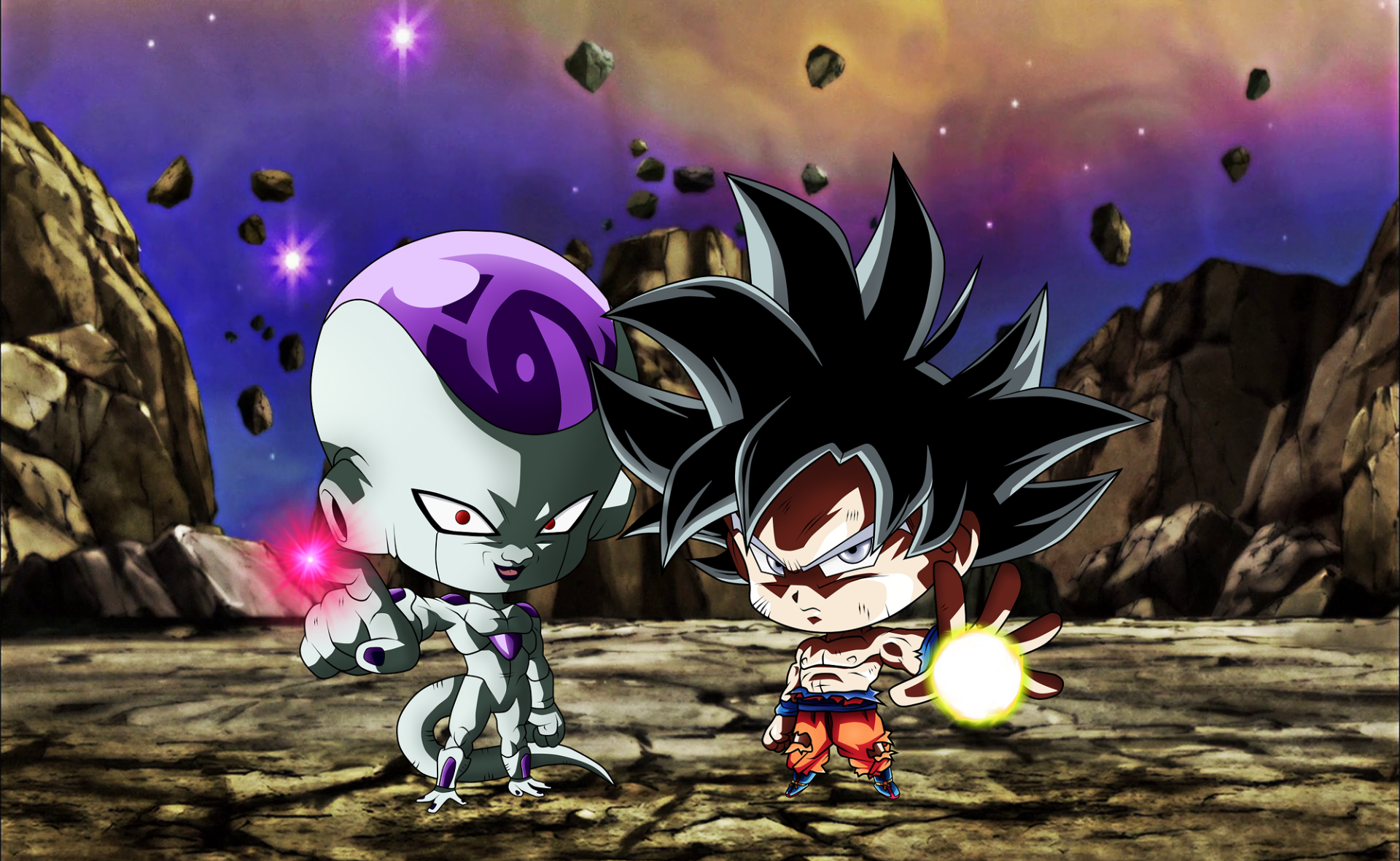 Chibi Ultra Instinct Goku and Frieza from Dragon Ball Super face off in a dynamic HD anime-style desktop wallpaper background.