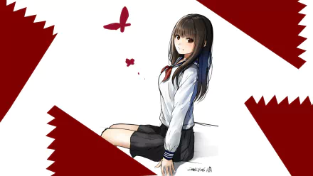 Anime-style HD desktop wallpaper of a smiling girl with long black hair in a school uniform, surrounded by red geometric shapes and butterflies.