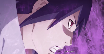 Close-up of Sasuke Uchiha (Naruto) with intense Sharingan gaze and swirling purple chakra — 2K Quad HD anime PC desktop wallpaper.