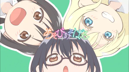 HD desktop wallpaper featuring Kasumi Nomura, Hanako Honda, and Olivia from the anime Asobi Asobase. The characters are shown with expressive faces against a green background, forming a triangular composition.