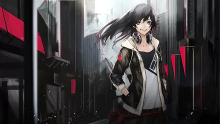 Anime-style character with long black hair and blue eyes, wearing headphones and a casual outfit, smiling confidently against a dark urban background, HD desktop wallpaper.