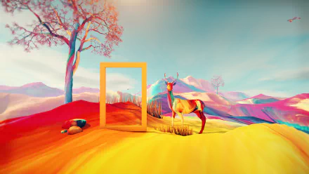 Digital art showing a surreal landscape with vibrant colors, featuring a tree, a deer, and an empty picture frame. This HD wallpaper and background provides a vivid and artistic scene.