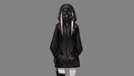 Anime-style original HD desktop wallpaper featuring a character with long pink hair wearing a black gas mask and oversized black hoodie against a gray background.
