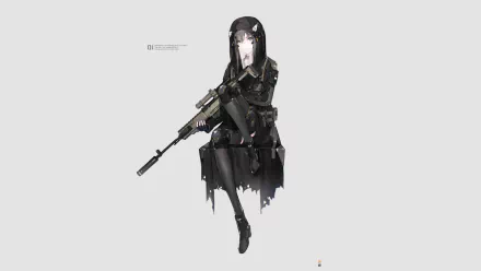 Anime-style original sniper character in dark tactical gear holding a rifle, featured as an HD PC desktop wallpaper with a minimalist light background.