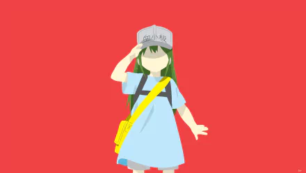 Minimalist anime HD desktop wallpaper of Platelet from Cells at Work! (Hataraku Saibou) featuring simple shapes and a bold red background.
