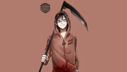 HD anime desktop wallpaper featuring Zack from Angels of Death holding a large scythe against a muted brown background.