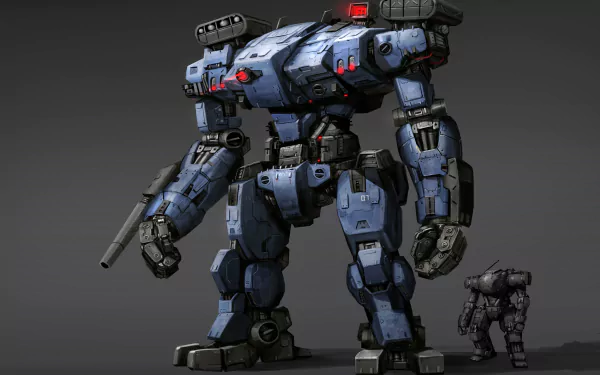 Sci-fi HD PC desktop wallpaper: massive blue combat robot mech with arm-mounted cannon standing beside a smaller support robot on a neutral gray background.
