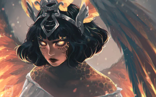 A fantasy angel with black hair and striking yellow eyes, depicted in an HD digital art style, serves as a dramatic PC desktop wallpaper and background.