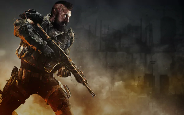 HD wallpaper of Call of Duty: Black Ops 4 featuring a soldier with a rifle against a smoky, war-torn backdrop.