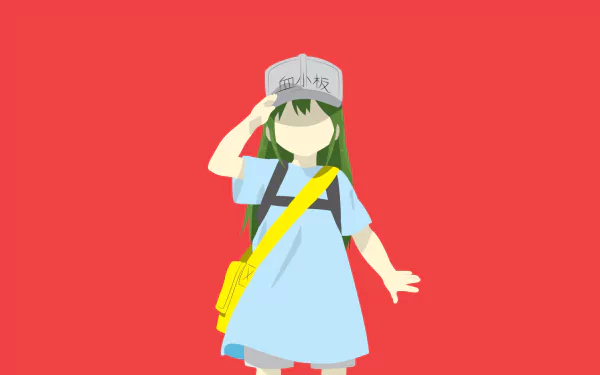 Minimalist anime HD desktop wallpaper of Platelet from Cells at Work! (Hataraku Saibou) featuring simple shapes and a bold red background.
