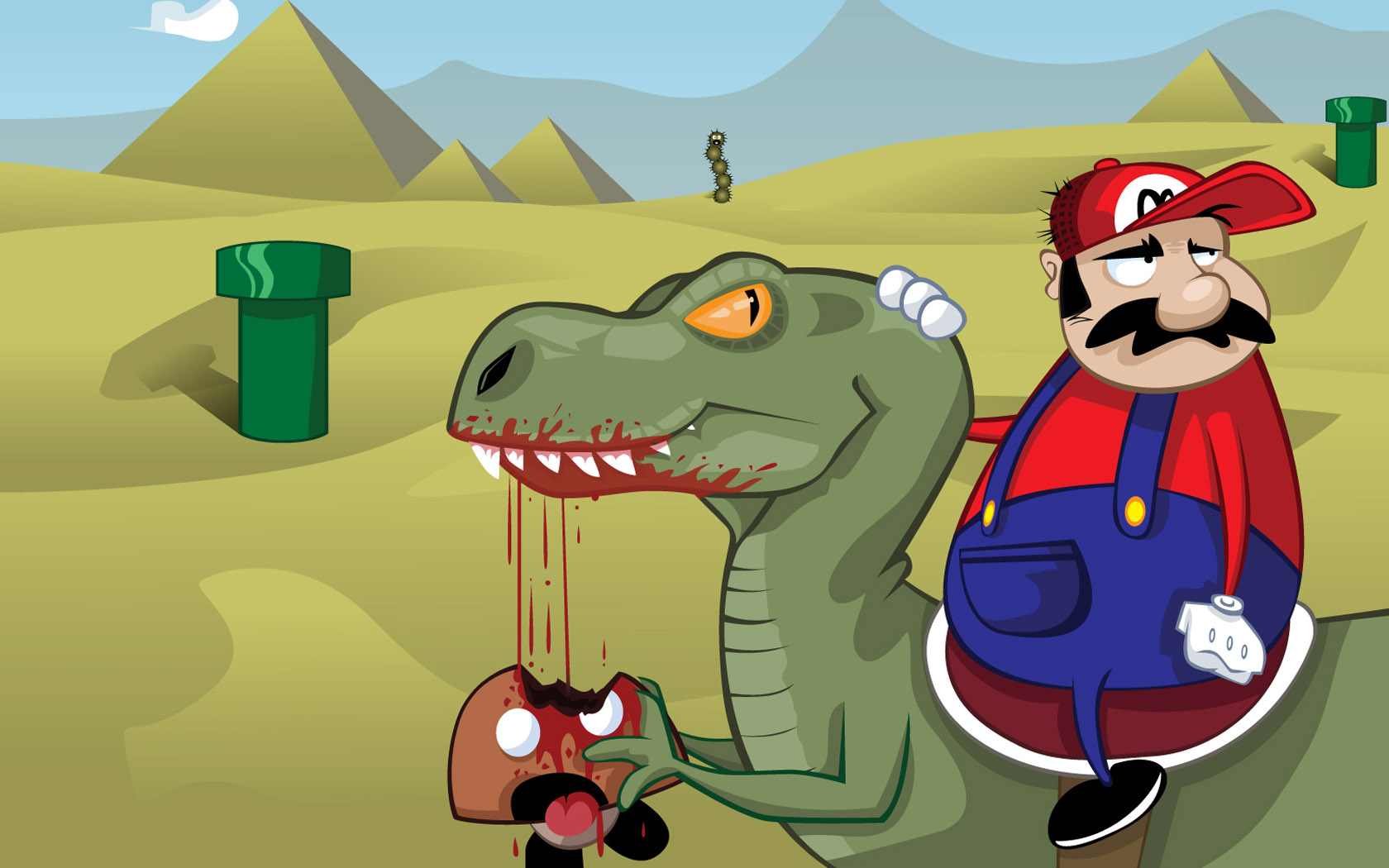 Colorful Yoshi riding a green Goomba while Mario watches in a vibrant HD desktop wallpaper.