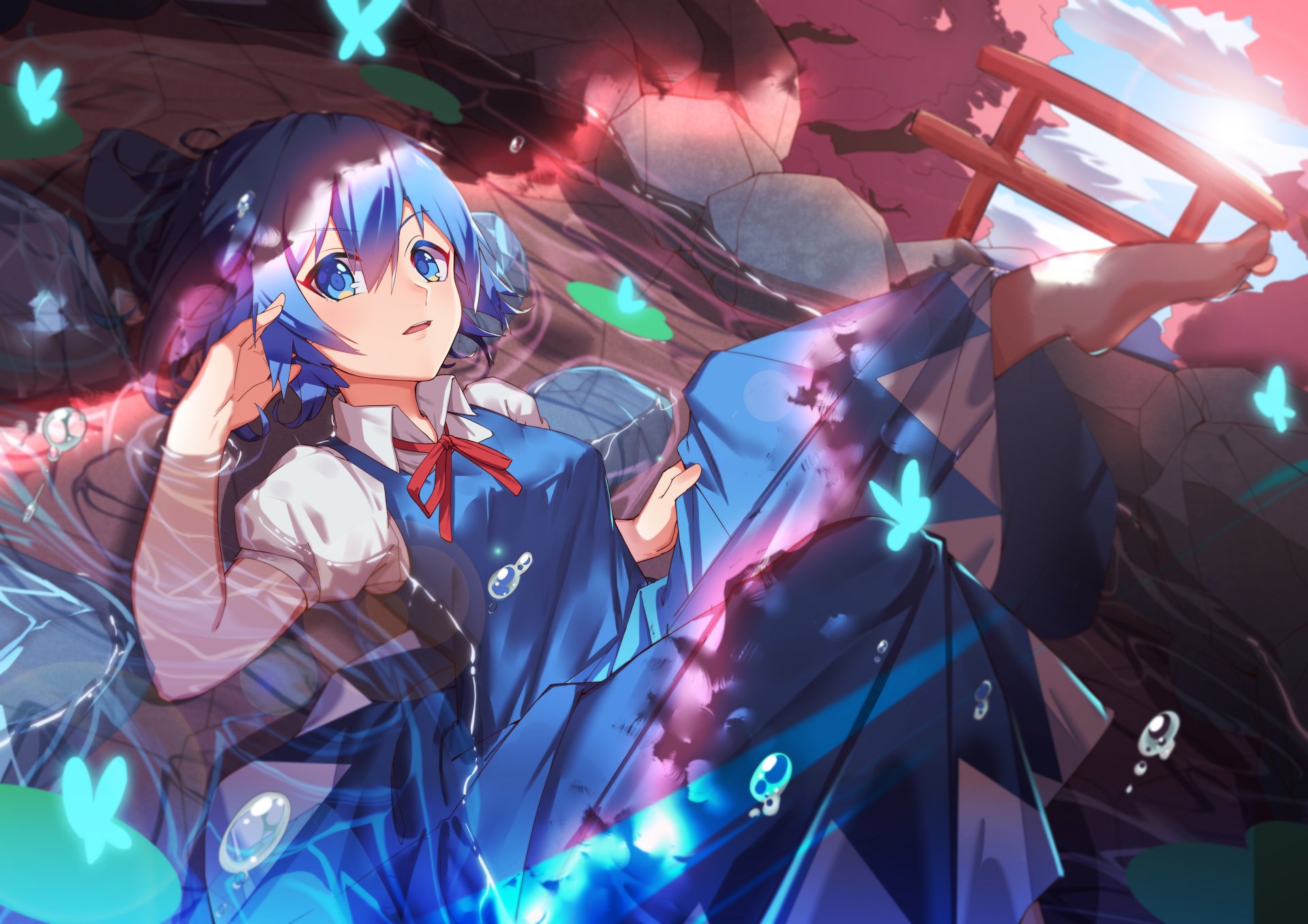 A vibrant 4K Ultra HD anime wallpaper featuring a Touhou character with blue hair and glowing butterflies in a dynamic, detailed background.