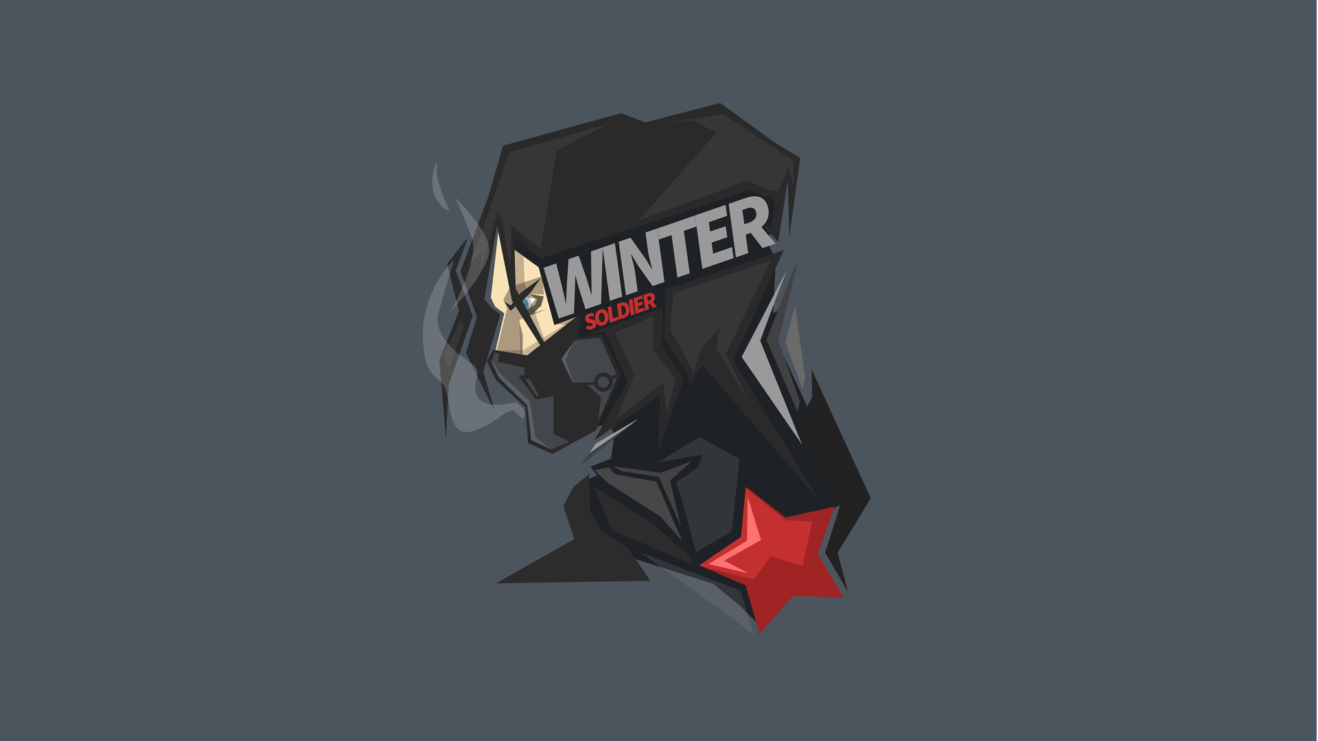 Comic-style Winter Soldier illustration with a dark hood, red star emblem, and masked face, rendered as an 8K Ultra HD PC desktop wallpaper and background.