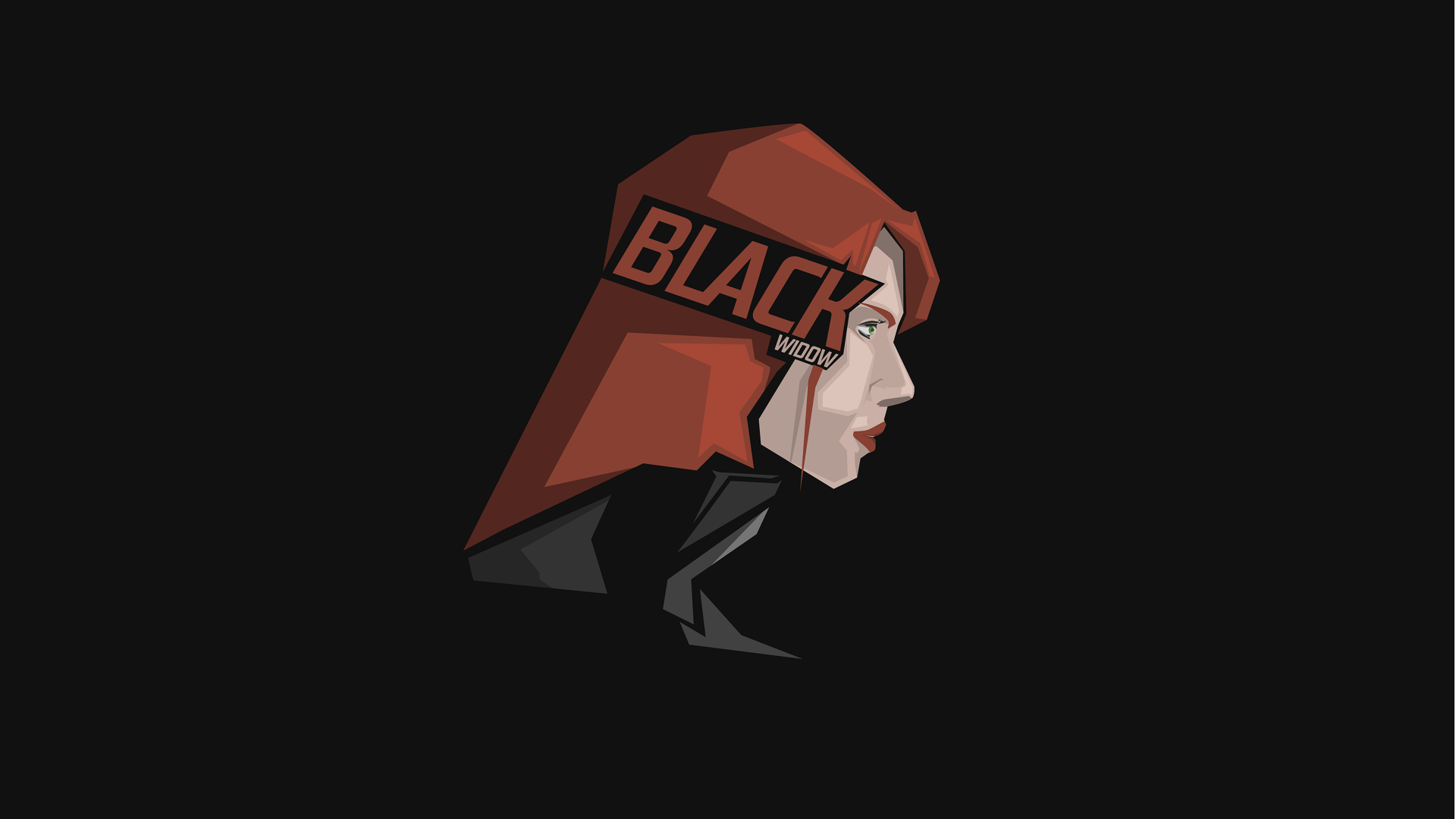 8K Ultra HD PC wallpaper: comic-style profile of Black Widow with red hair and a BLACK text band on her head against a solid black background.