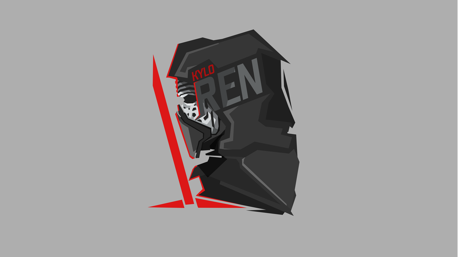 Minimalist 8K Ultra HD Star Wars wallpaper featuring Kylo Ren’s mask and red lightsaber on a gray background, designed for PC desktop.