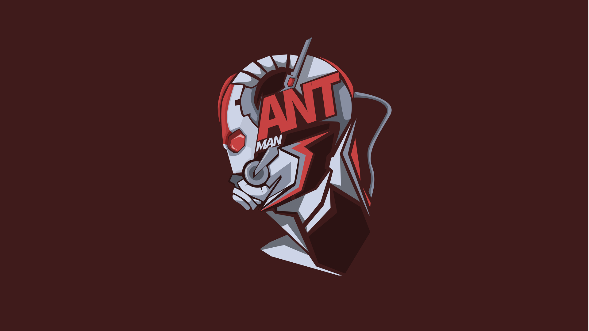 Comic-style Ant-Man helmet portrait in red, white and black on a maroon backdrop — 8K Ultra HD PC desktop wallpaper/background.