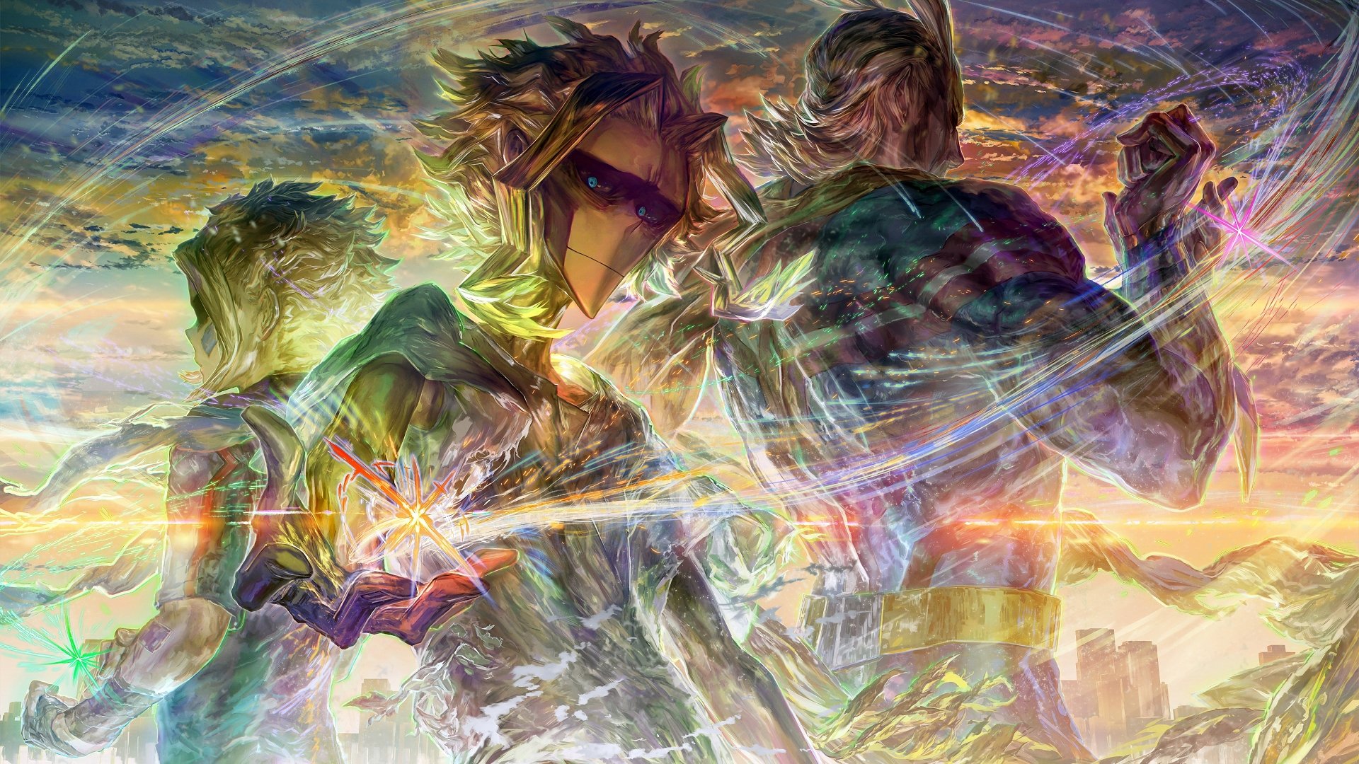 4K Ultra HD My Hero Academia anime wallpaper featuring All Might, Toshinori Yagi, in a dynamic, action-packed pose with vibrant, electrifying effects.