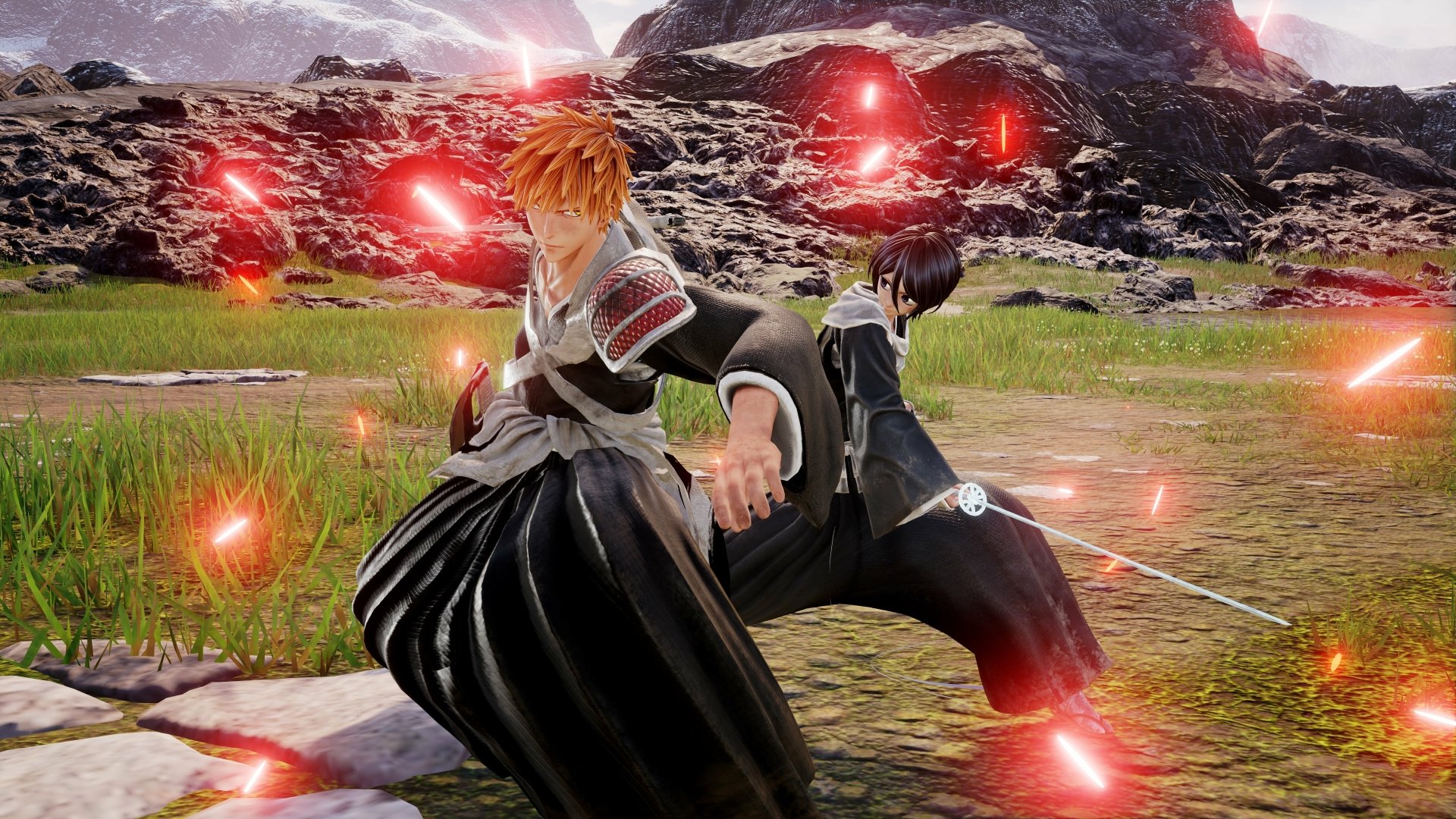 4K Ultra HD Jump Force PC wallpaper featuring Rukia Kuchiki and Ichigo Kurosaki in an action pose with glowing red energy effects on a rugged outdoor battlefield.
