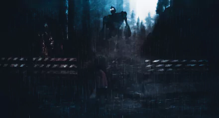 2K Quad HD PC desktop wallpaper: The Iron Giant towers in a rain-drenched forest in an Inside (video game) crossover — dark, moody video game background.