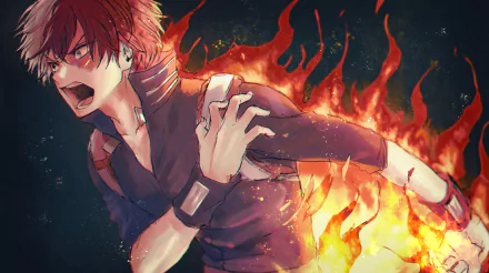 HD PC desktop wallpaper featuring Shoto Todoroki from My Hero Academia, showcasing his intense expression and fiery powers in detailed anime style.