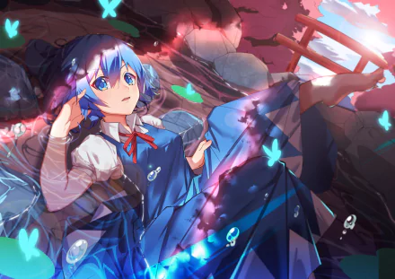 A vibrant 4K Ultra HD anime wallpaper featuring a Touhou character with blue hair and glowing butterflies in a dynamic, detailed background.