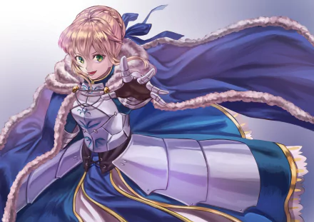 4K Ultra HD anime wallpaper featuring Saber from Fate/Stay Night in her iconic armor and flowing blue cape, showcasing dynamic action and vibrant detail.