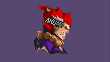 Akuma (Street Fighter) profile: red hair, prayer beads, fierce snarl on purple background — 8K Ultra HD PC desktop wallpaper/background.