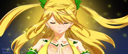 Lucy Heartfilia (Fairy Tail) anime 2K Quad HD PC desktop wallpaper — serene close-up of her with eyes closed, flowing blonde hair, green accents and a glowing golden background.