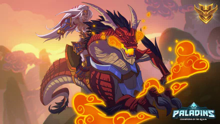 HD PC desktop wallpaper of Cassie (Paladins) from the Paladins video game riding a glowing red dragon mount against a fiery sunset, swirling embers and the Paladins game logo.