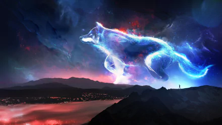 A stunning HD fantasy landscape wallpaper featuring a luminous spirit wolf in a night sky above a serene, mountainous terrain with glowing town lights below.