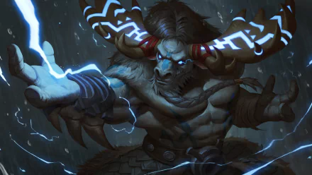 4K Ultra HD wallpaper featuring a powerful Tauren warrior with glowing horns, crackling with blue lightning, from the video game World of Warcraft.