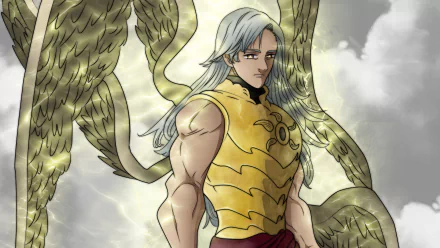4K Ultra HD anime wallpaper featuring Mael from The Seven Deadly Sins with detailed golden armor and large wings against a cloudy sky background.