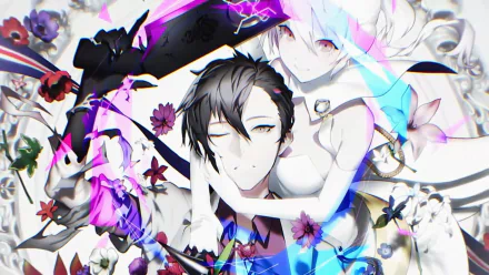 4K Ultra HD anime wallpaper featuring Mu (Caligula) and Ritsu Shikishima in a dynamic, ethereal composition with vibrant colors and floral elements.
