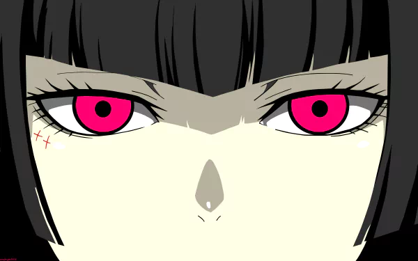 A minimalist HD desktop wallpaper featuring an intense close-up of Juuzou Suzuya from Tokyo Ghoul:re, showcasing his striking pink eyes and black hair.