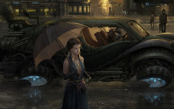 Sci Fi Steampunk Car Vehicle Robot Umbrella Rain Blue Dress Blonde HD Wallpaper | Background Image