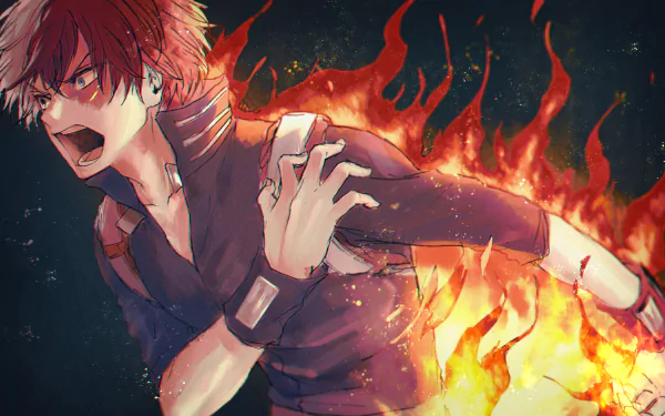 HD PC desktop wallpaper featuring Shoto Todoroki from My Hero Academia, showcasing his intense expression and fiery powers in detailed anime style.